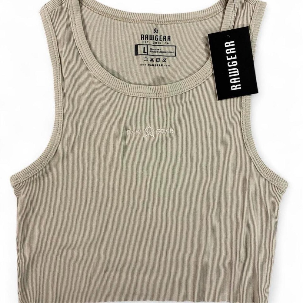 NWT. Tan Raw Gear cropped rib tee. Womens size large. Brand new with tags
